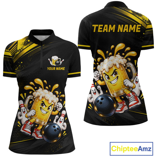 Custom Funny Beer Bowling Team Shirt for Women Black Yellow Bowling Jersey Polo & 1/4-Zip QZT1346