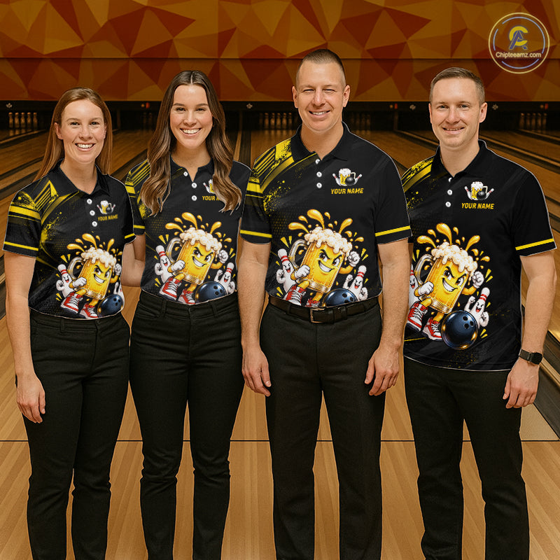 Custom Funny Beer Bowling Team Shirt for Men Black Yellow Bowling Jersey Polo & 1/4-Zip QZT1346