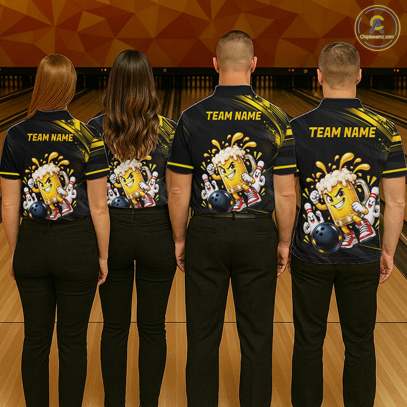 Custom Funny Beer Bowling Team Shirt for Men Black Yellow Bowling Jersey Polo & 1/4-Zip QZT1346