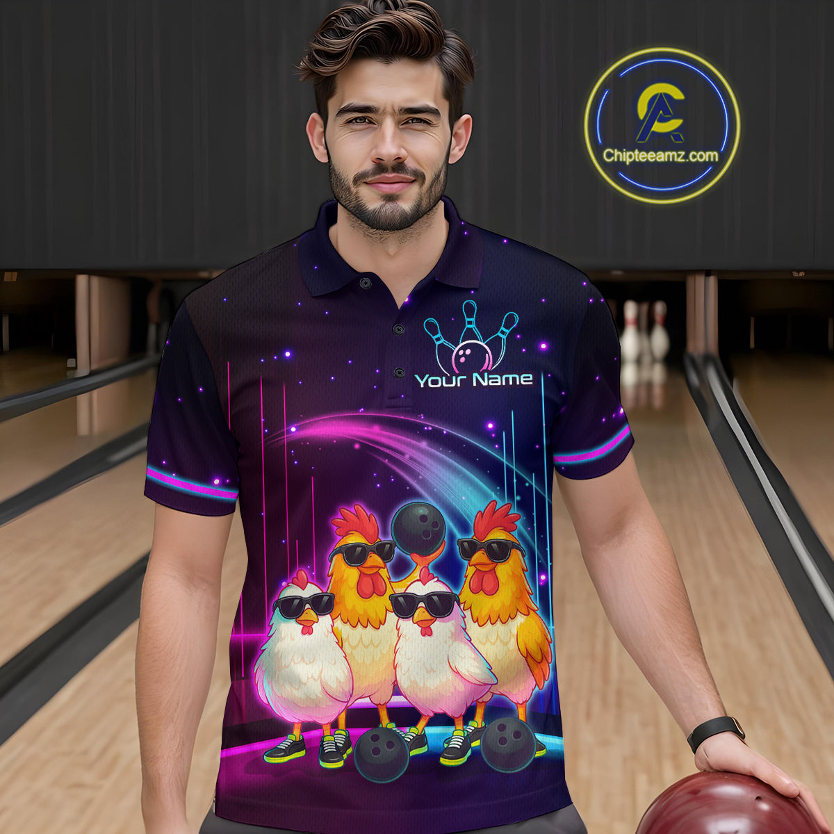 Neon Funny Family of Four Chicken Bowling Team Shirt for Men Bowling League Jersey QZT787