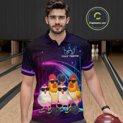 Neon Funny Family of Four Chicken Bowling Team Shirt for Men Bowling League Jersey QZT787