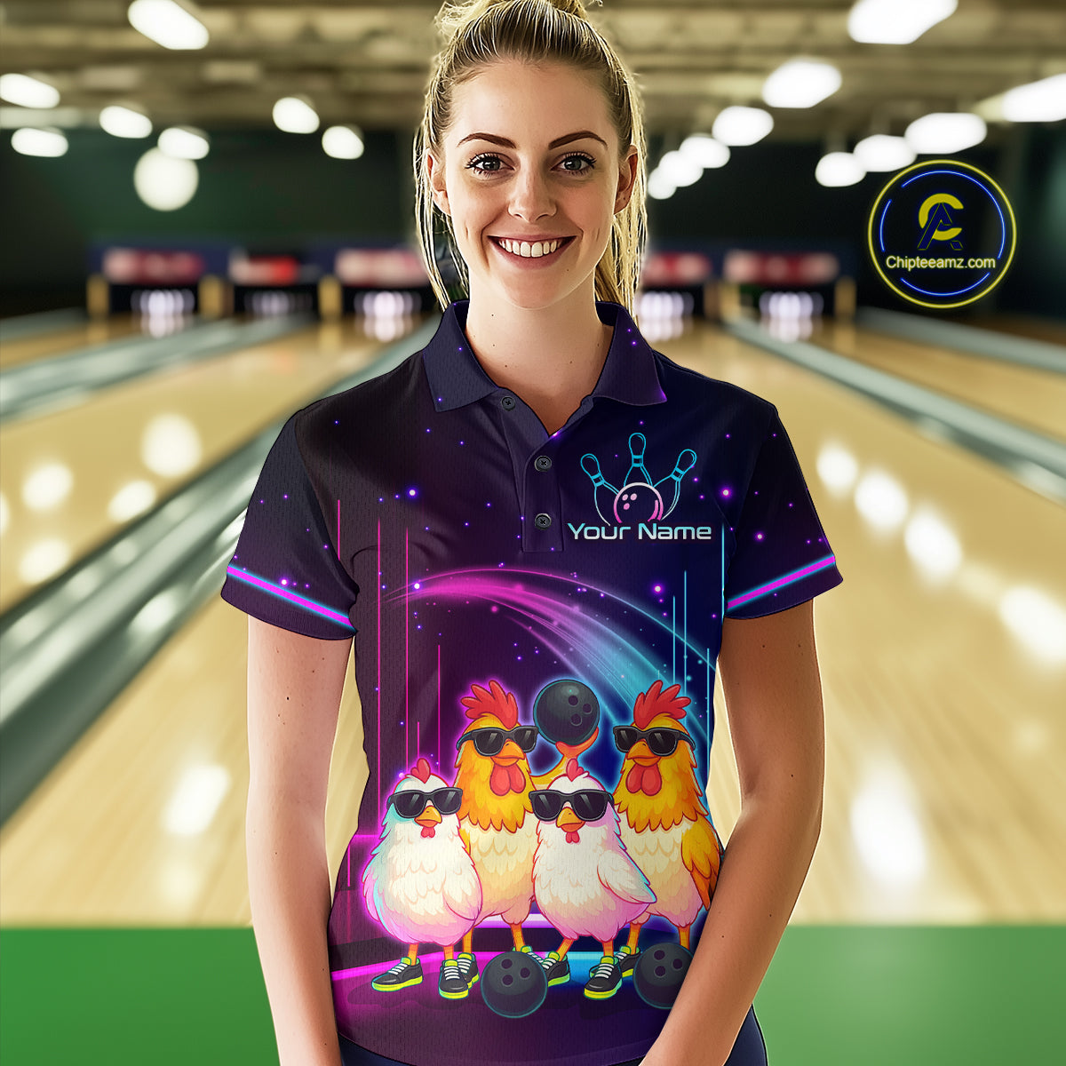 Neon Funny Family of Four Chicken Bowling Team Shirt for Women Bowling League Jersey QZT787