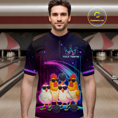 Neon Funny Family of Four Chicken Bowling Team Shirt for Men Bowling League Jersey QZT787