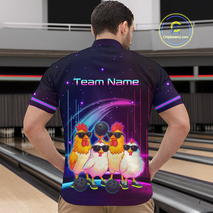 Neon Funny Family of Four Chicken Bowling Team Shirt for Men Bowling League Jersey QZT787