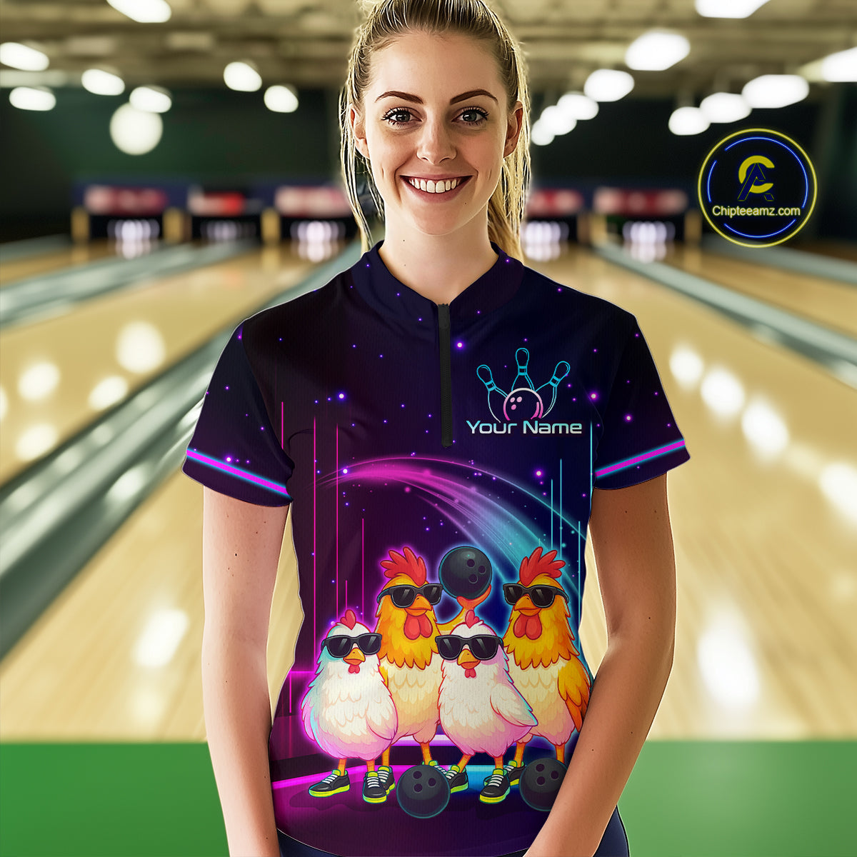 Neon Funny Family of Four Chicken Bowling Team Shirt for Women Bowling League Jersey QZT787