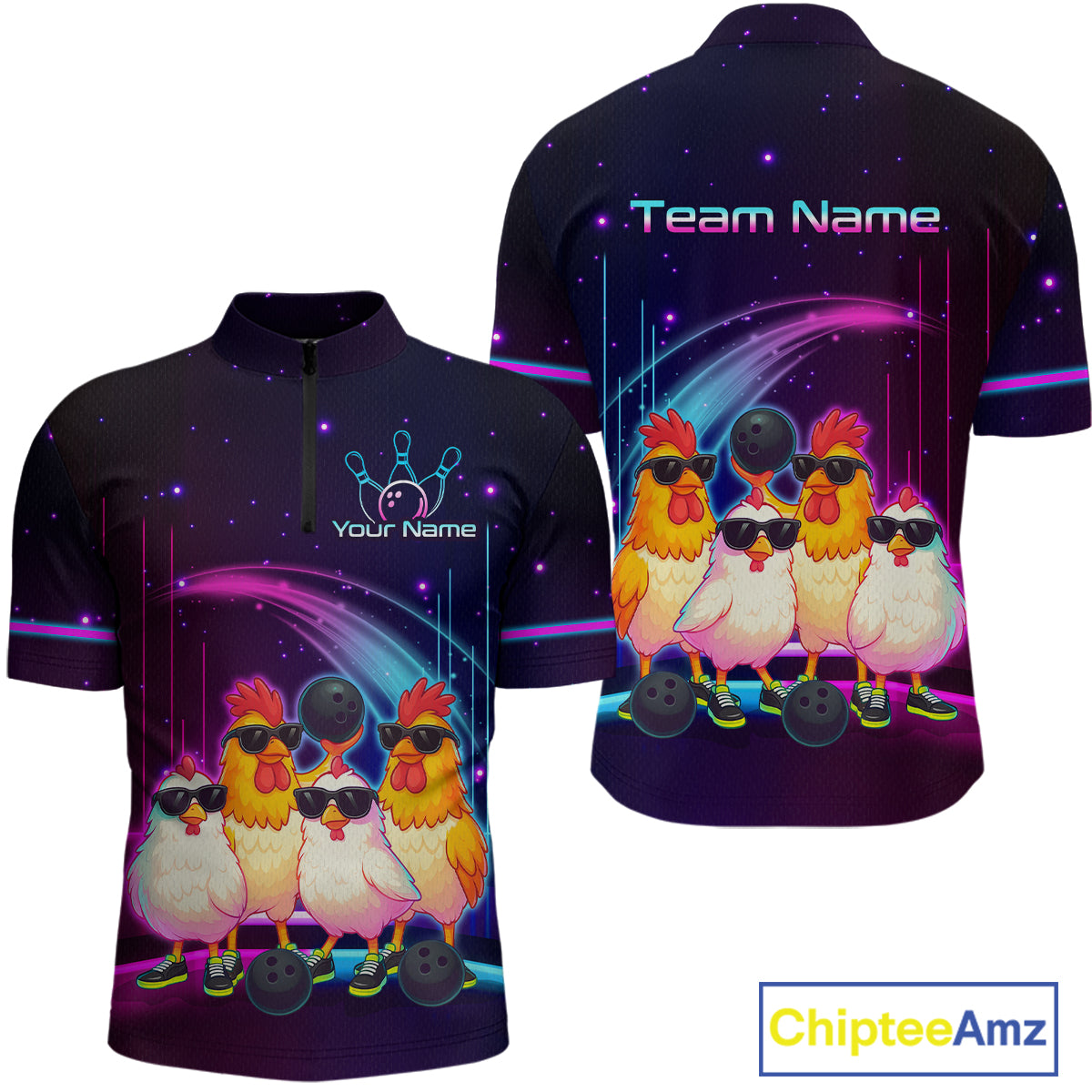 Neon Funny Family of Four Chicken Bowling Team Shirt for Men Bowling League Jersey QZT787