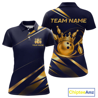 Custom Navy & Gold Bowling Team Shirt for Women Crown Bowling Ball Jersey Polo & 1/4-Zip QZT1351