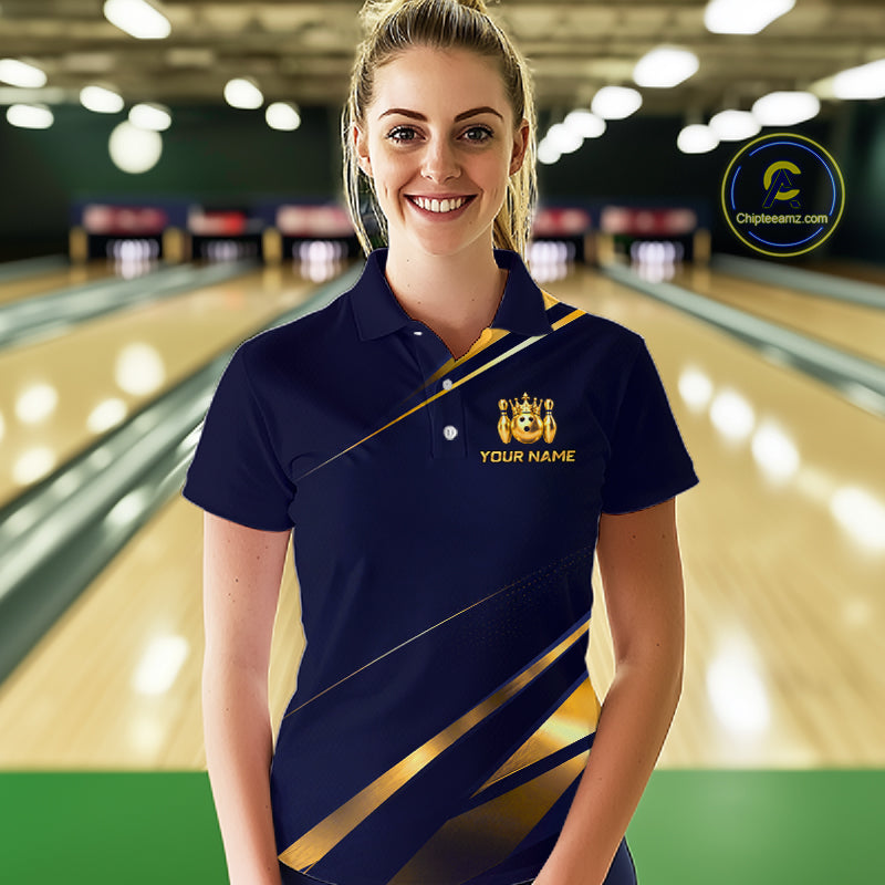 Custom Navy & Gold Bowling Team Shirt for Women Crown Bowling Ball Jersey Polo & 1/4-Zip QZT1351