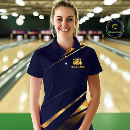 Custom Navy & Gold Bowling Team Shirt for Women Crown Bowling Ball Jersey Polo & 1/4-Zip QZT1351
