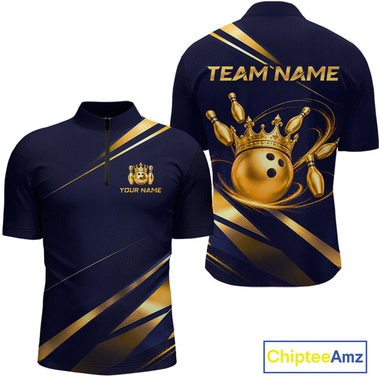 Custom Navy & Gold Bowling Team Shirt for Men Crown Bowling Ball Jersey Polo & 1/4-Zip QZT1351