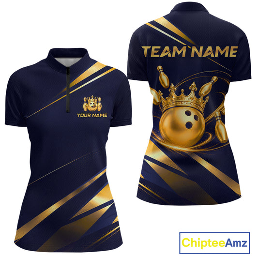 Custom Navy & Gold Bowling Team Shirt for Women Crown Bowling Ball Jersey Polo & 1/4-Zip QZT1351