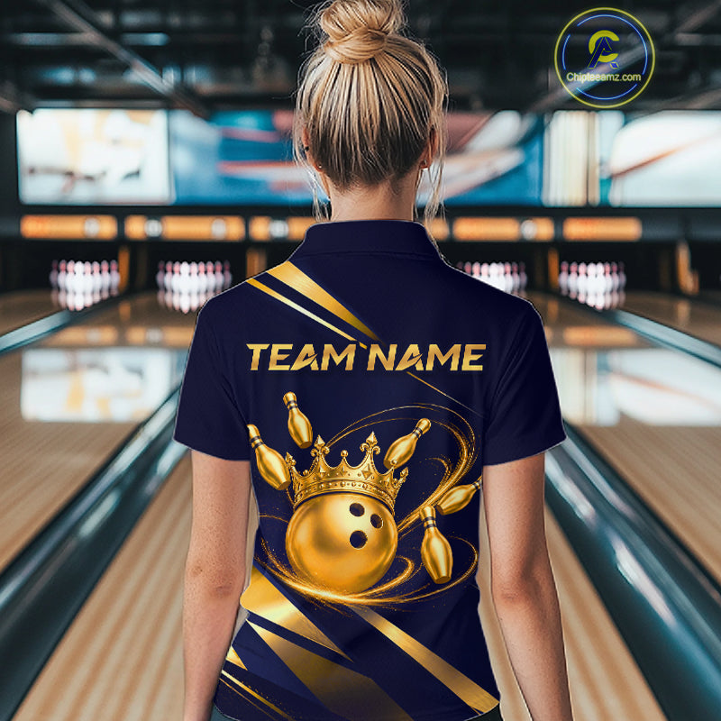 Custom Navy & Gold Bowling Team Shirt for Women Crown Bowling Ball Jersey Polo & 1/4-Zip QZT1351