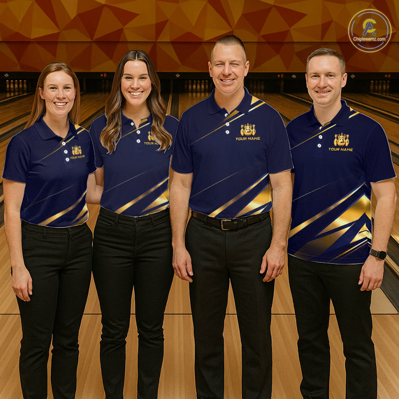 Custom Navy & Gold Bowling Team Shirt for Women Crown Bowling Ball Jersey Polo & 1/4-Zip QZT1351