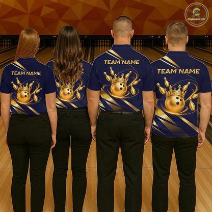 Custom Navy & Gold Bowling Team Shirt for Women Crown Bowling Ball Jersey Polo & 1/4-Zip QZT1351
