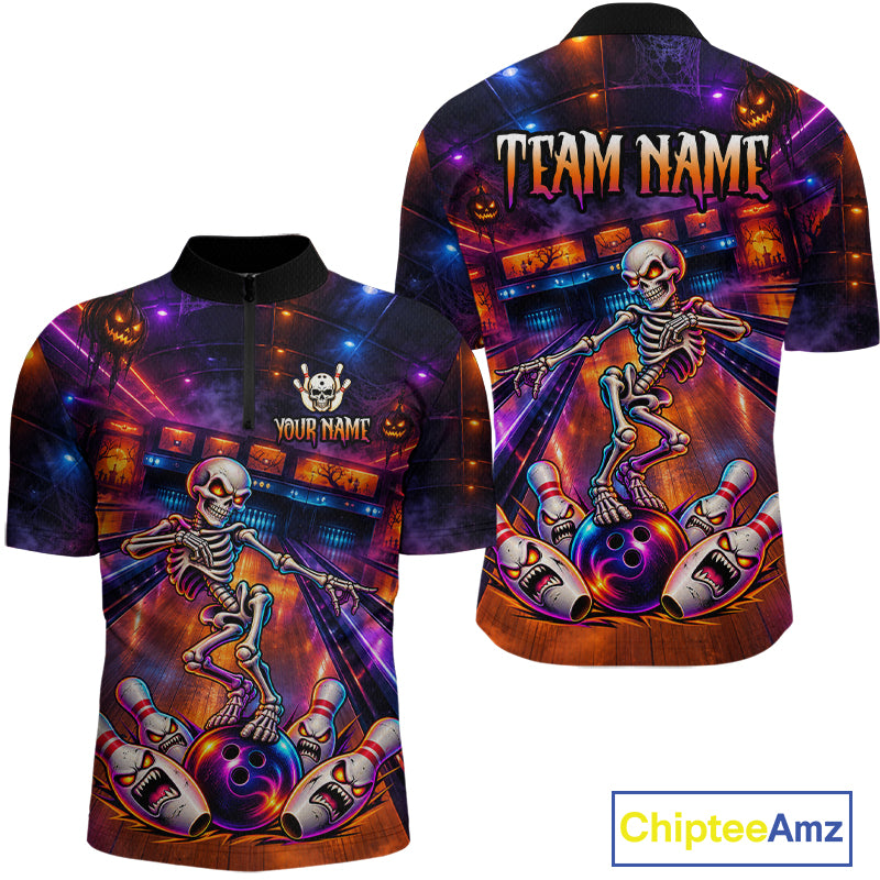 Custom Funny Skeleton Bowling Shirt for Men Bowling Jersey Polo & Quarter-Zip QZT1352