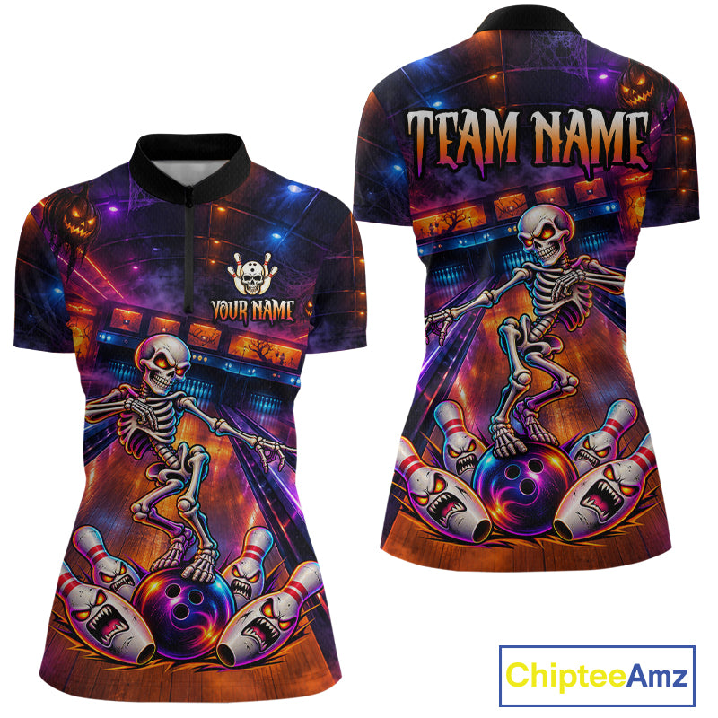 Custom Funny Skeleton Bowling Shirt for Women Bowling Jersey Polo & Quarter-Zip QZT1352