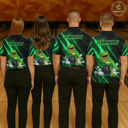 Custom Green Funny Frog Bowling Shirt for Women Bowling Jersey Polo & 1/4 Zip Bowling Outfit QZT1026