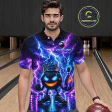 Load image into Gallery viewer, Man wearing a colorful bowling shirt with a design on a bowling alley.