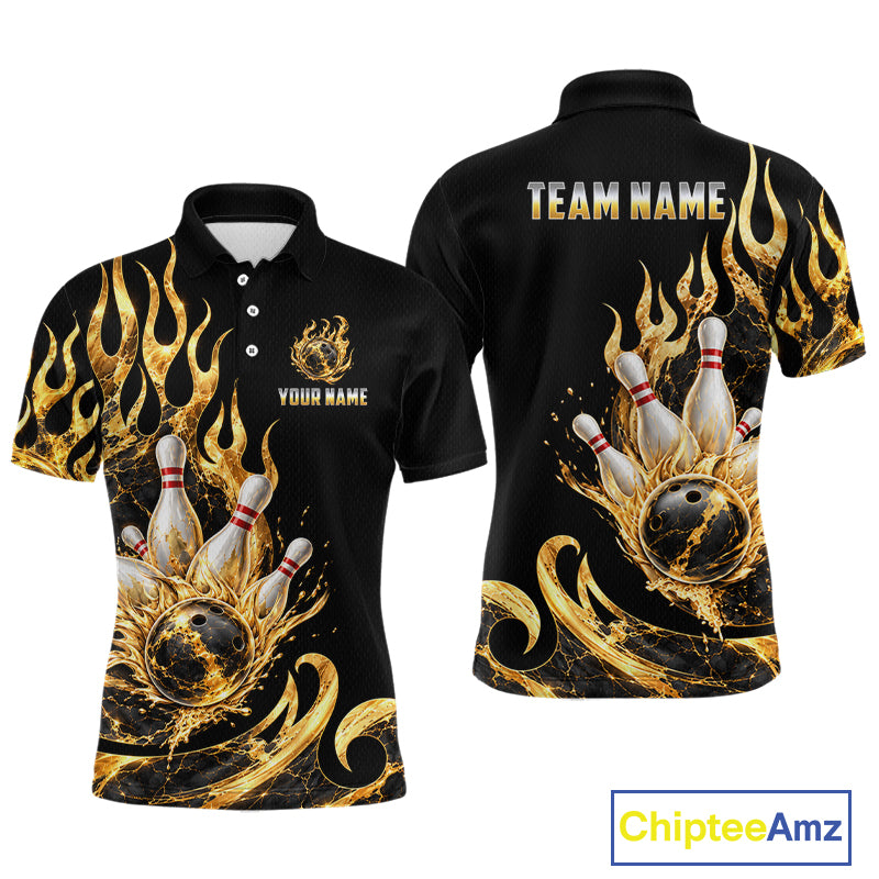 Custom Flame Bowling Shirt Black Gold Liquid Bowling Jersey Polo & 1/4-Zip QZT1356
