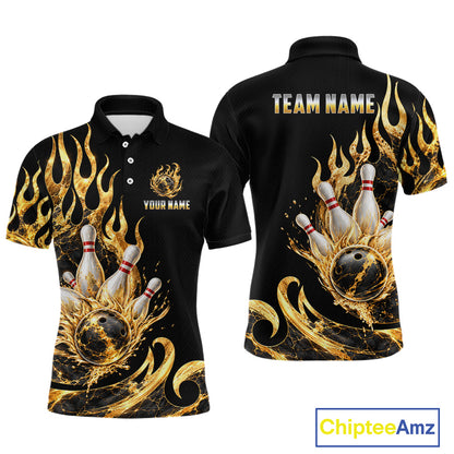 Custom Flame Bowling Shirt Black Gold Liquid Bowling Jersey Polo & 1/4-Zip QZT1356