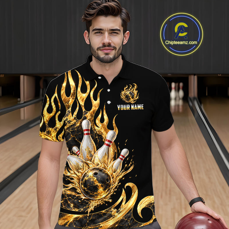 Custom Flame Bowling Shirt Black Gold Liquid Bowling Jersey Polo & 1/4-Zip QZT1356