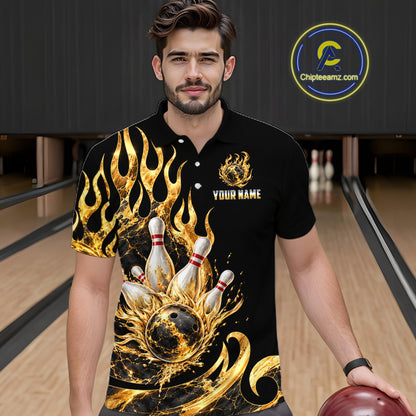 Custom Flame Bowling Shirt Black Gold Liquid Bowling Jersey Polo & 1/4-Zip QZT1356