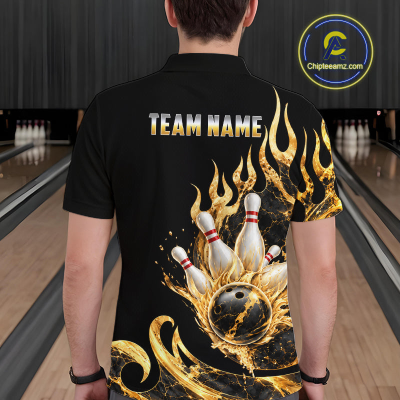 Custom Flame Bowling Shirt Black Gold Liquid Bowling Jersey Polo & 1/4-Zip QZT1356