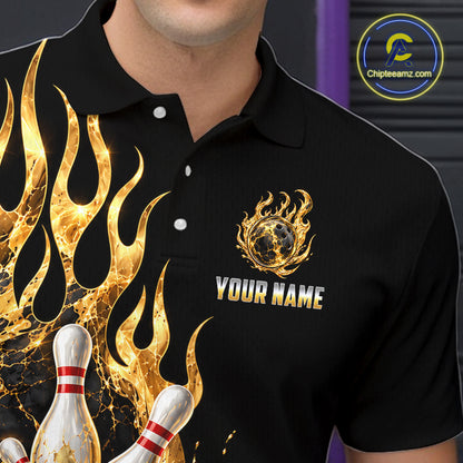 Custom Flame Bowling Shirt Black Gold Liquid Bowling Jersey Polo & 1/4-Zip QZT1356