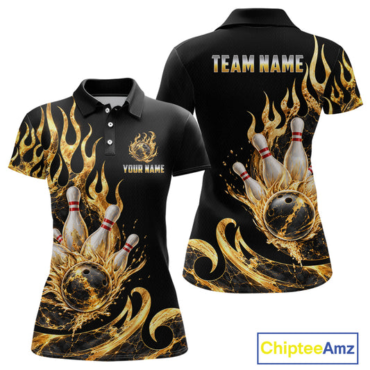 Custom Flame Bowling Shirt Black Gold Liquid Bowling Jersey for Women Polo & 1/4-Zip QZT1356