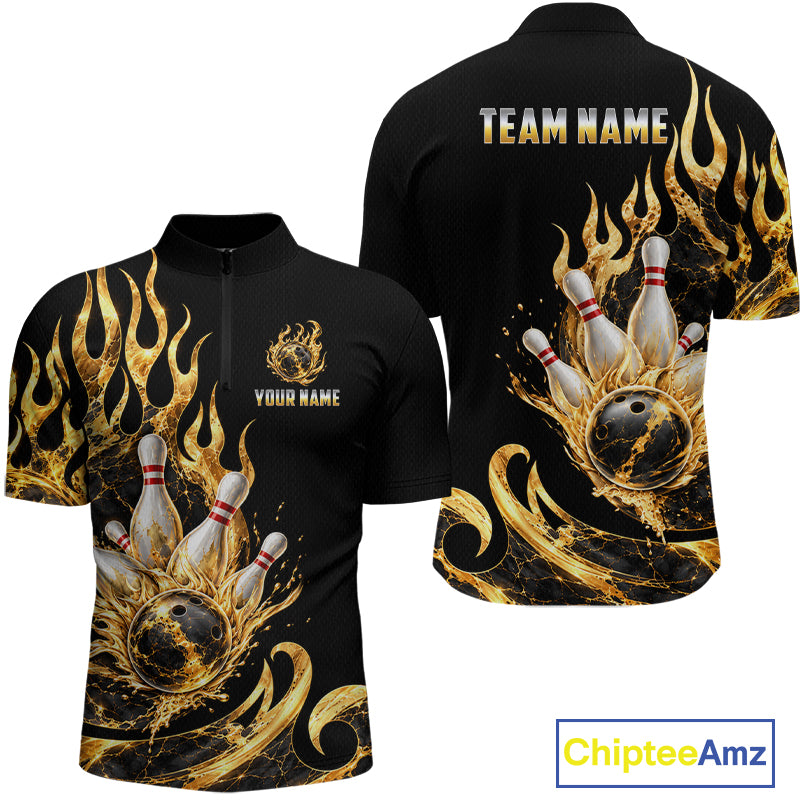Custom Flame Bowling Shirt Black Gold Liquid Bowling Jersey Polo & 1/4-Zip QZT1356