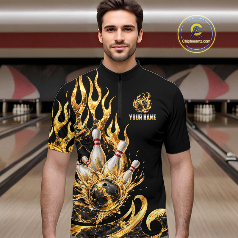 Custom Flame Bowling Shirt Black Gold Liquid Bowling Jersey Polo & 1/4-Zip QZT1356