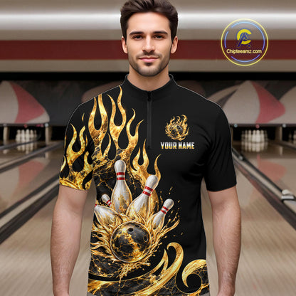 Custom Flame Bowling Shirt Black Gold Liquid Bowling Jersey Polo & 1/4-Zip QZT1356