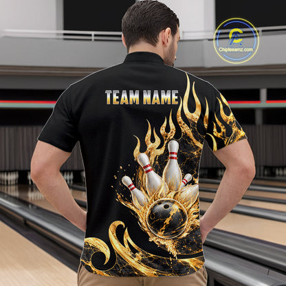 Custom Flame Bowling Shirt Black Gold Liquid Bowling Jersey Polo & 1/4-Zip QZT1356