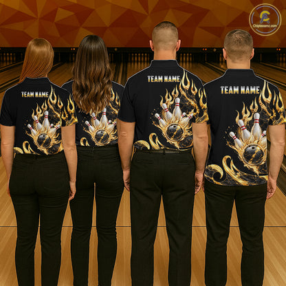 Custom Flame Bowling Shirt Black Gold Liquid Bowling Jersey Polo & 1/4-Zip QZT1356