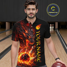 Load image into Gallery viewer, Man wearing a black polo shirt with fiery dragon design and bowling elements in a bowling alley.
