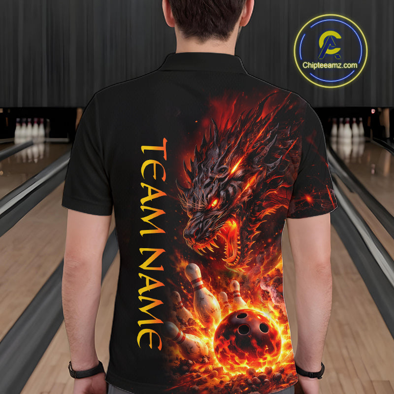 Person wearing a black shirt with a fiery dragon design and 'TEAM NAME' text in a bowling alley.