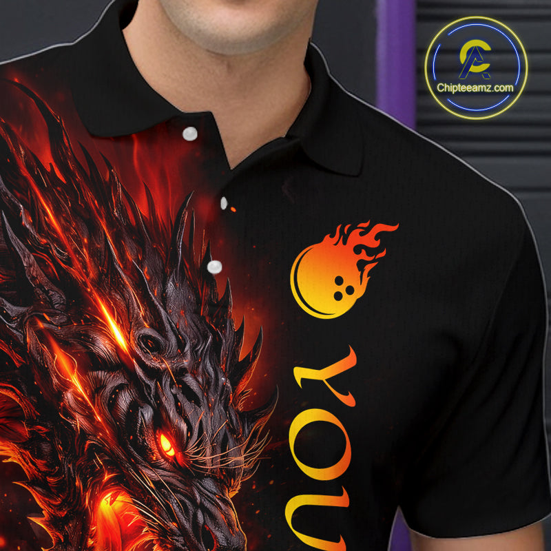 Black polo shirt with dragon design and 'YOU' text, brand logo visible