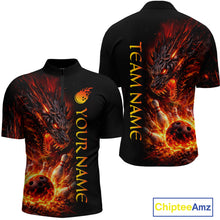 Load image into Gallery viewer, Black bowling shirt with dragon design on front and back, customizable text, and Chiptee Amz branding.