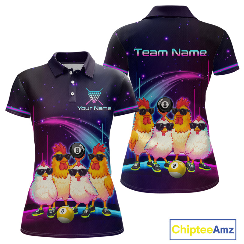 Front and back views of a custom short-sleeve polo shirt featuring a colorful cosmic space background with cartoon chickens wearing sunglasses and playing billiards. The shirt includes customizable text placeholders 'Team Name' and 'Your Name'.