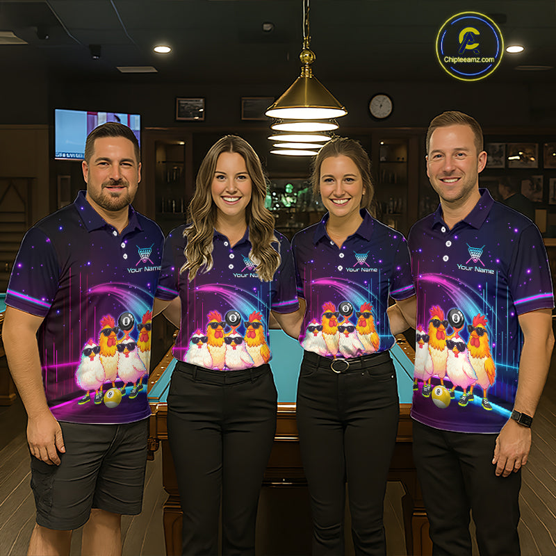 Four people standing indoors in matching dark purple polo shirts with a colorful bowling-themed graphic print, black shorts or pants, in what appears to be a bar or lounge setting with a pool table behind them.