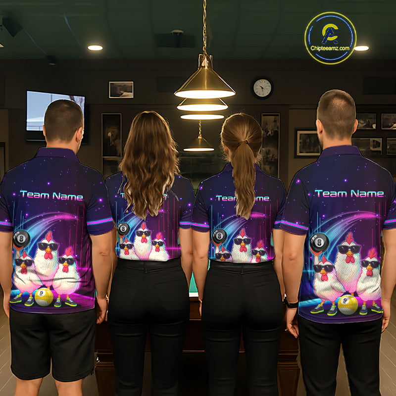 Four people standing with their backs to the camera wearing matching custom bowling-themed team jerseys in a dark indoor environment with pool tables and hanging lights.