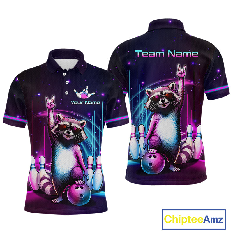 Front and back views of a custom bowling-themed short-sleeve polo shirt on a white background. The shirt features a colorful graphic of a raccoon wearing sunglasses and making a rock on gesture, with bowling pins, a bowling ball, and purple neon light effects.