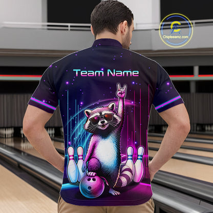 A man viewed from behind wearing a custom bowling-themed short-sleeve polo shirt with a raccoon graphic and 'Team Name' text on the back, set against a bowling alley background.