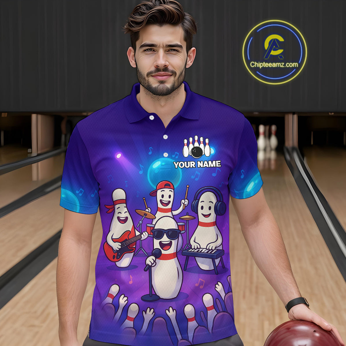 Custom Funny Bowling Pins Music Shirt Neon Bowling Jersey for Men Polo & 1/4 Zip Bowling Outfit QZT788
