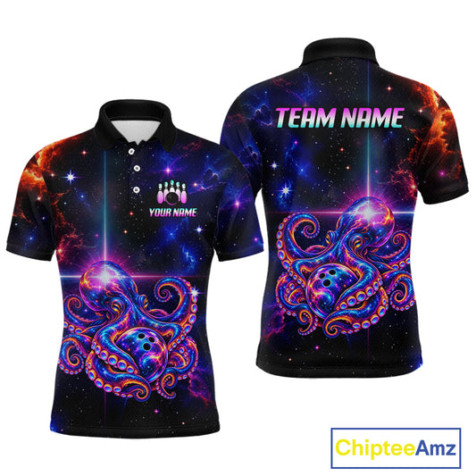 Custom Galaxy Octopus Bowling Shirt for Men Purple Bowling Jersey Bowling Outfit QZT1359