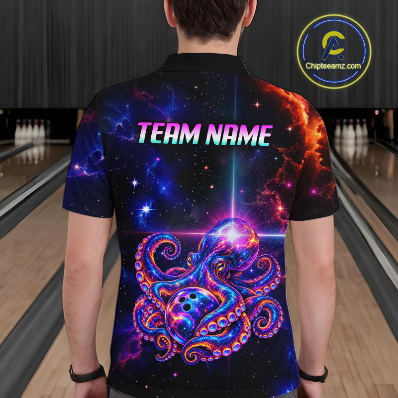 Custom Galaxy Octopus Bowling Shirt for Men Purple Bowling Jersey Bowling Outfit QZT1359