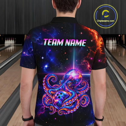 Custom Galaxy Octopus Bowling Shirt for Men Purple Bowling Jersey Bowling Outfit QZT1359