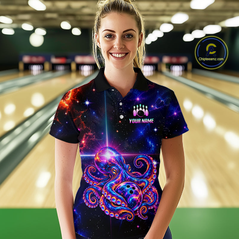 Custom Galaxy Octopus Bowling Shirt for Women Purple Bowling Jersey Bowling Outfit QZT1359