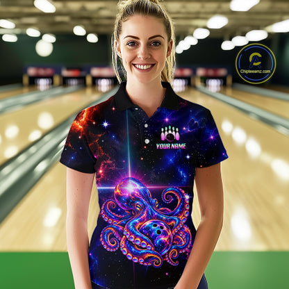Custom Galaxy Octopus Bowling Shirt for Women Purple Bowling Jersey Bowling Outfit QZT1359