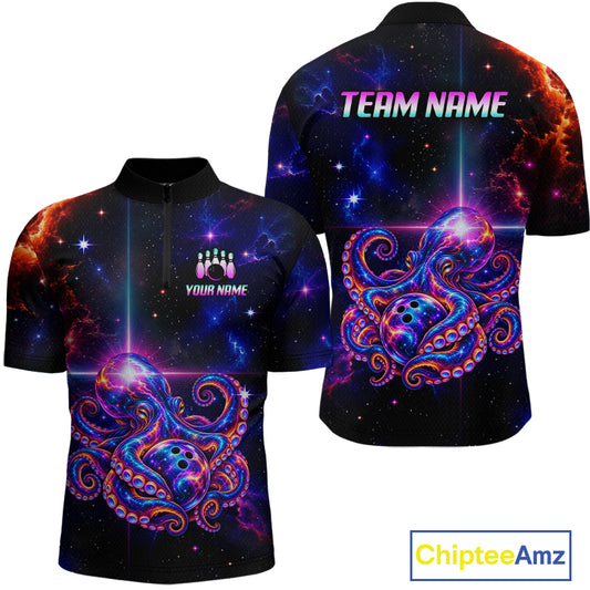 Custom Galaxy Octopus Bowling Shirt for Men Purple Bowling Jersey Bowling Outfit QZT1359